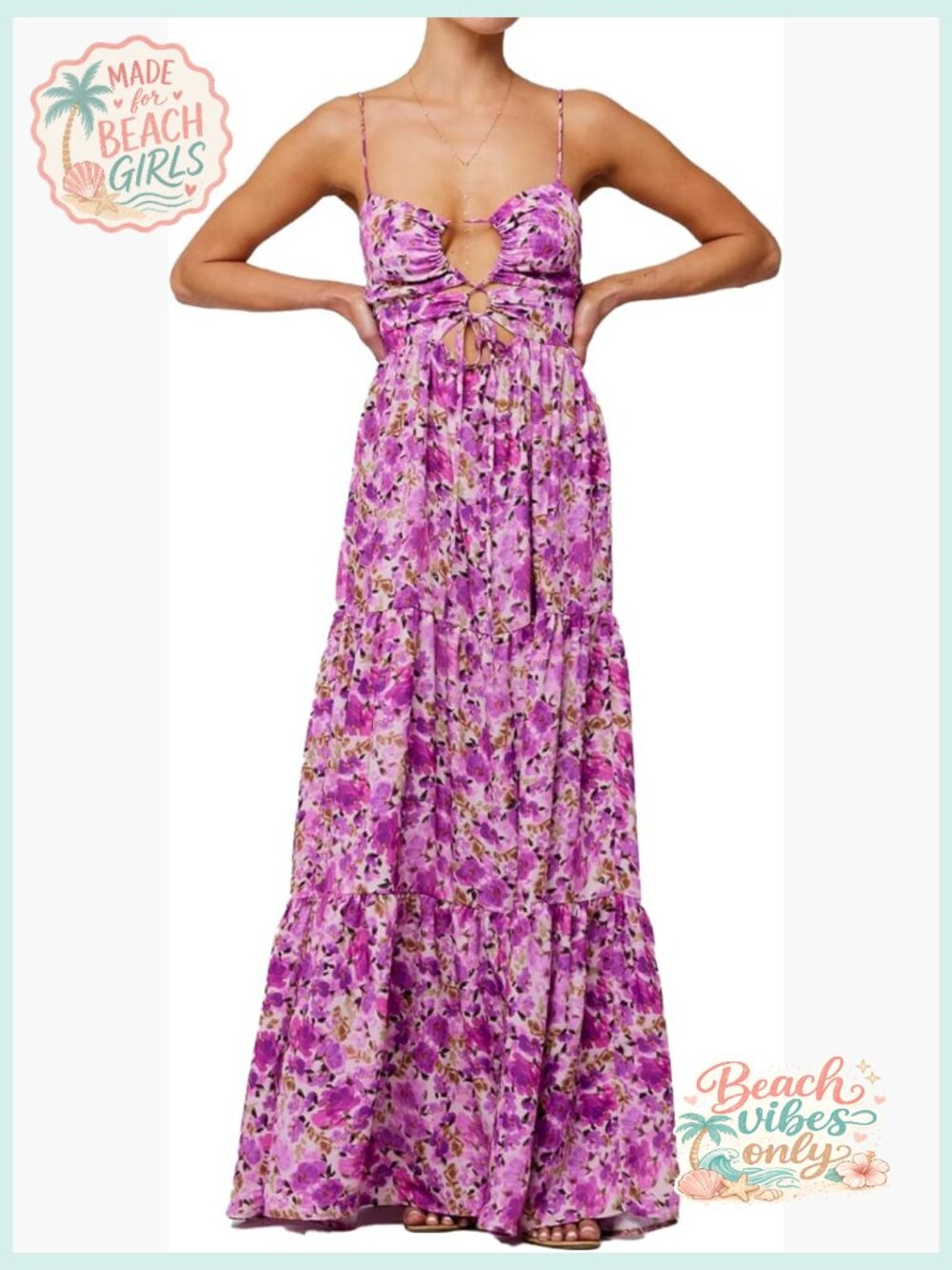 Floral Maxi Dress Tie Front Cut Out Backless Boho Spaghetti Strap Beach Sundress
